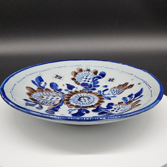 Studio Pottery Ceramic Floral Bowl Textured Raised Carved Design Blue Brown 7.5" - Picture 9 of 10